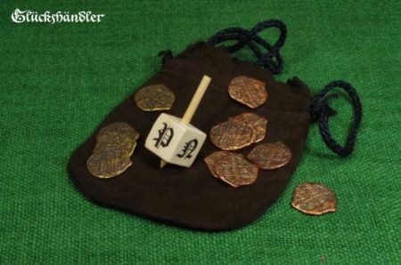 Glückskreisel Toton mit Spielmünzen und Lederbeutel