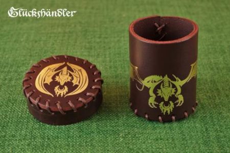 Würfelbecher mit Deckel -braun mit Drache in gold