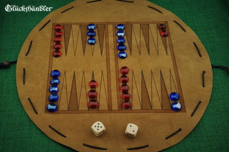 Backgammon - aus Leder mit Spielsteinen aus Glas blau & rot