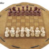 Schachbrett- aus Leder, Größe d 28cm mit Figuren aus Buchenholz als Beutelspiel