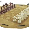 Schachbrett- aus Leder, Größe d 28cm mit Figuren aus Buchenholz als Beutelspiel