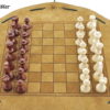 Schachbrett- aus Leder, Größe d 28cm mit Figuren aus Buchenholz als Beutelspiel.