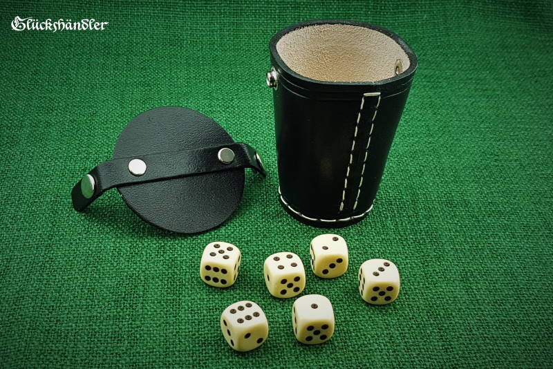 Cube cup with lid - black leather and 6 cubes 16mm