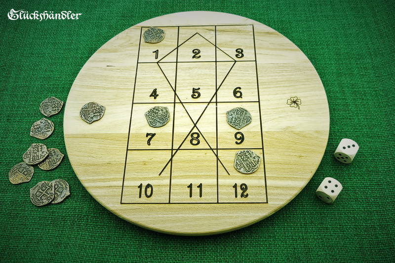 Fischkopf - Spiel - Holz mit 12 Münzen und 2 Würfel