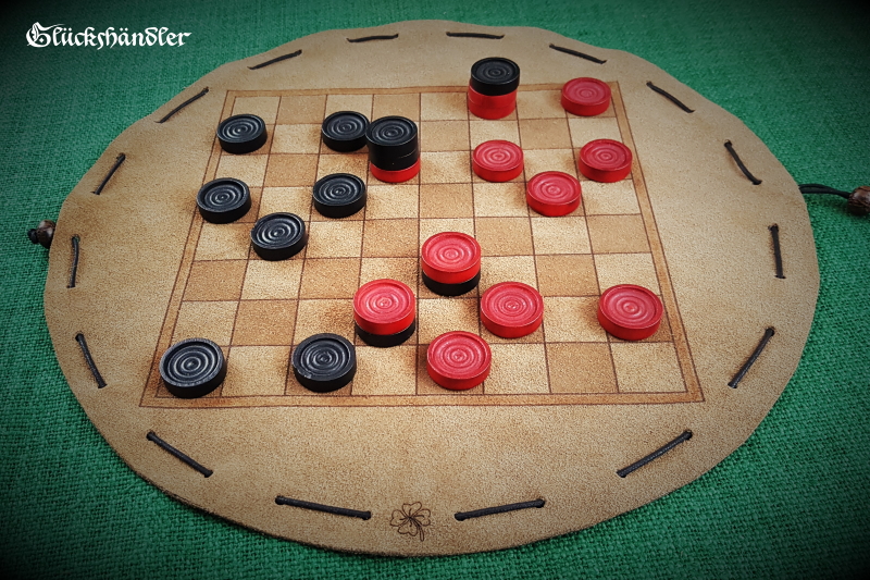 Baschni, Brettspiel aus Leder mit Spielsteinen aus Holz schwarz & rot -II