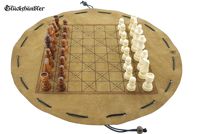 Schachbrett-Mittelalter aus Leder Größe d 34cm als Beutelspiel mit Figuren