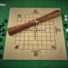 Tablut-Stoff-mit-Verzierungen-Spielplan-gerollt-mit-Spielsteinen-aus-Glas.